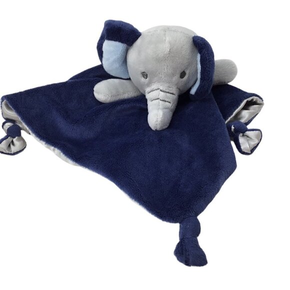 Elephant Navy Blue Cuddle Time Lovey Security Blanket Knotted Gray Satin Plush - Picture 3 of 7